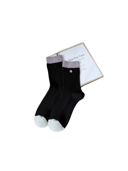 Purple Cuff black ribbed crew socks with light gray toes