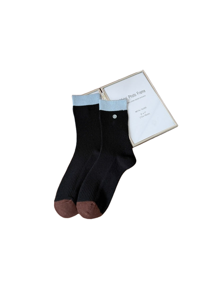 Blue Cuff black ribbed crew socks with brown toes