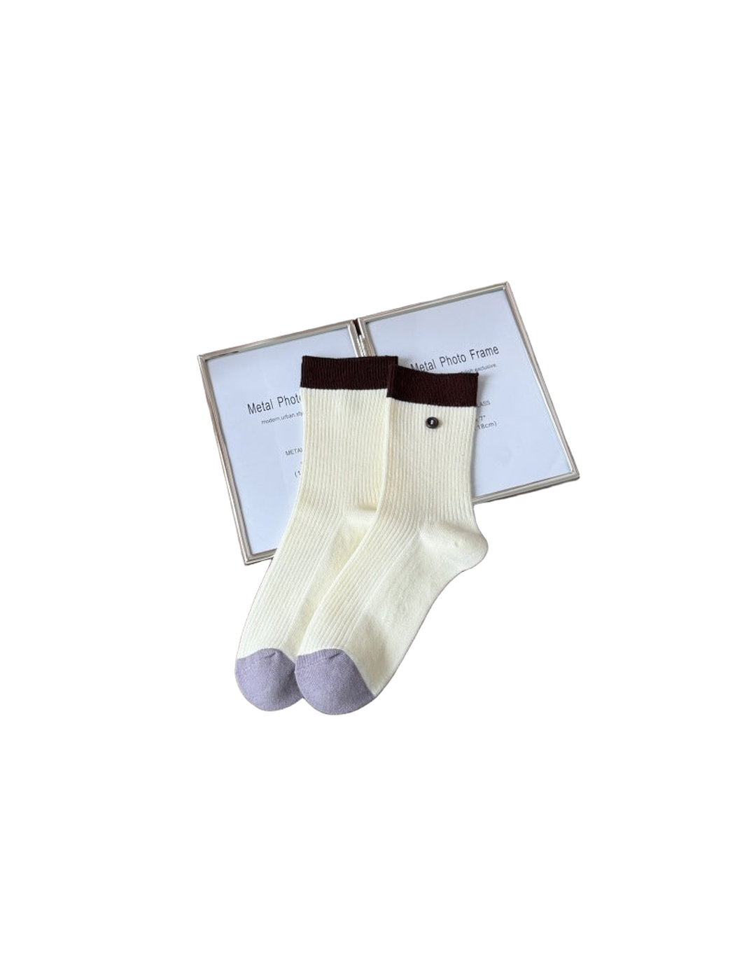 Cream ribbed crew socks with brown cuffs and lavender toes