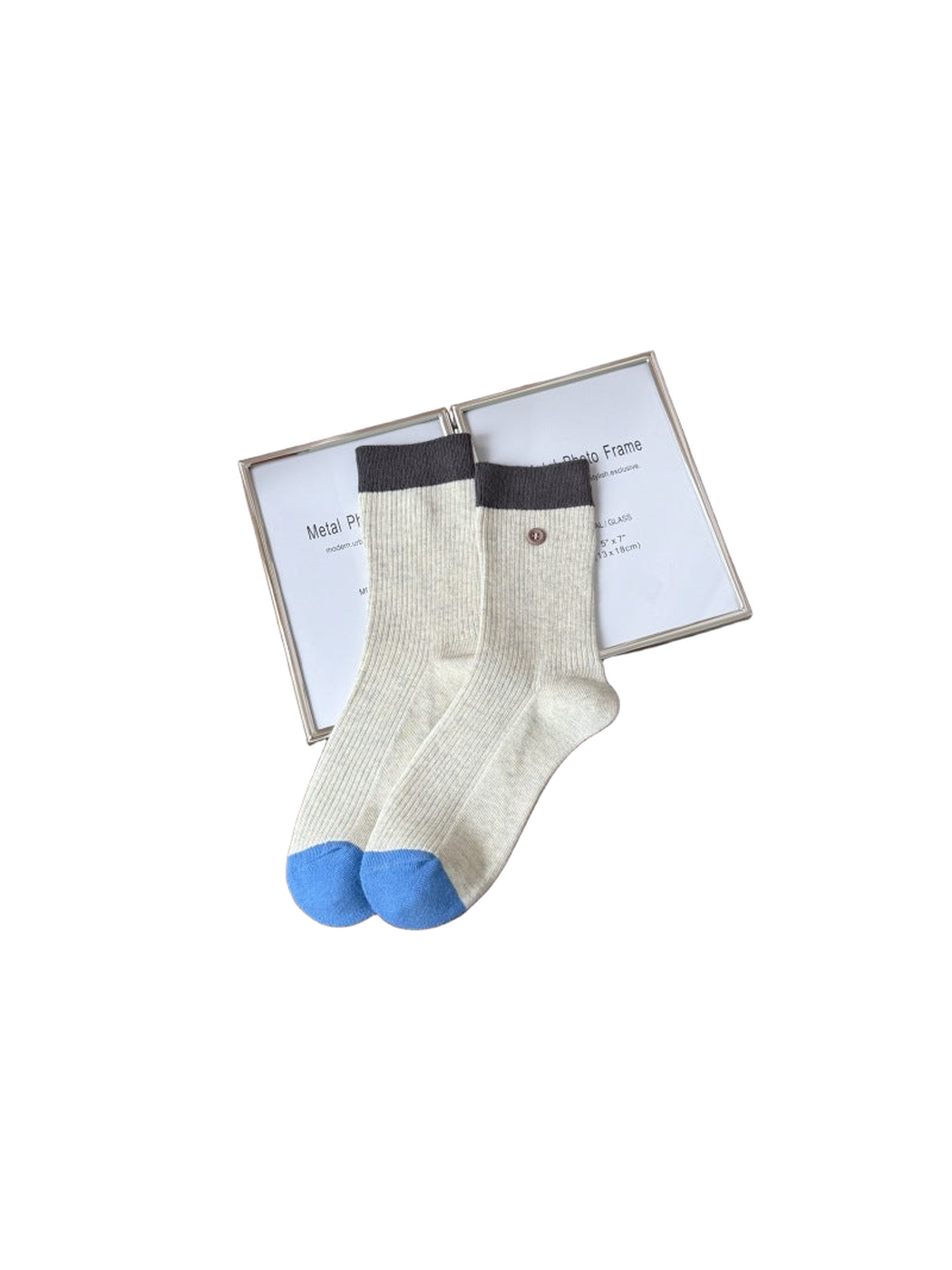 Light Gray ribbed crew socks with dark gray cuffs and blue toes