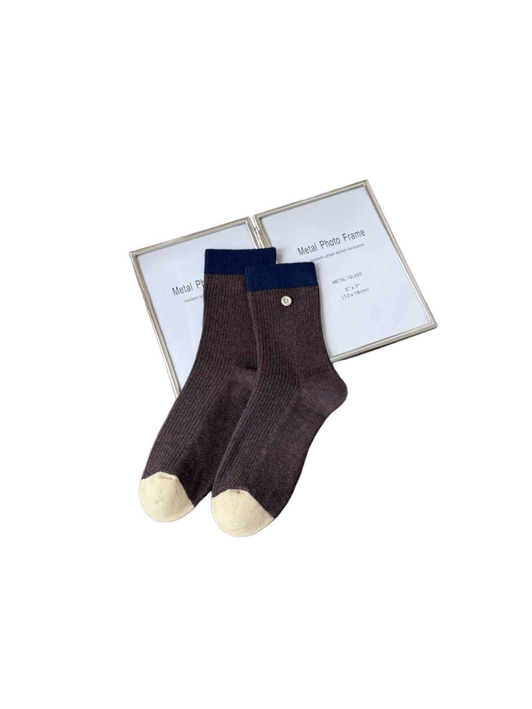 Coffee ribbed crew socks with navy cuffs and cream toes