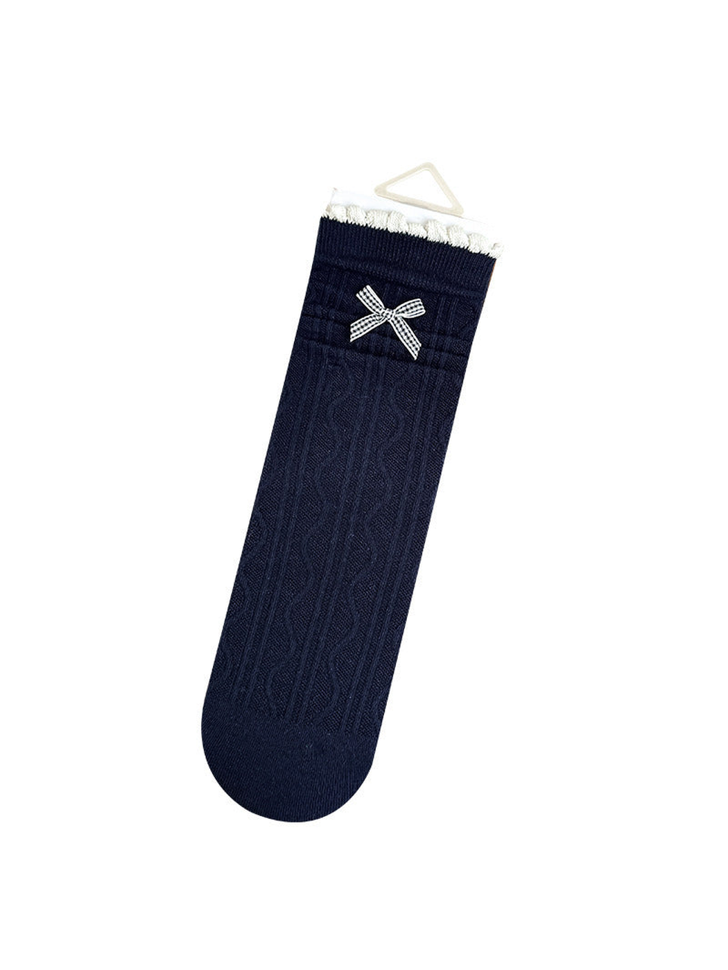 Bow style navy cable-knit crew sock with contrasting trim