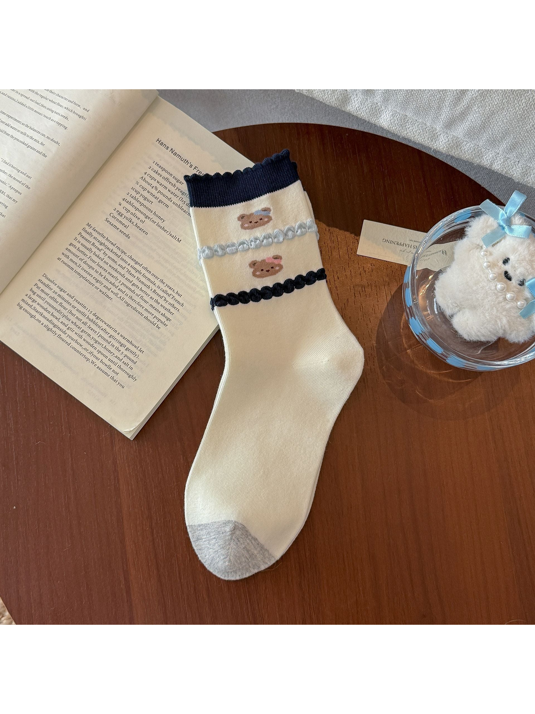 Bear Pair crew sock in ivory with paired bear faces and looped trim