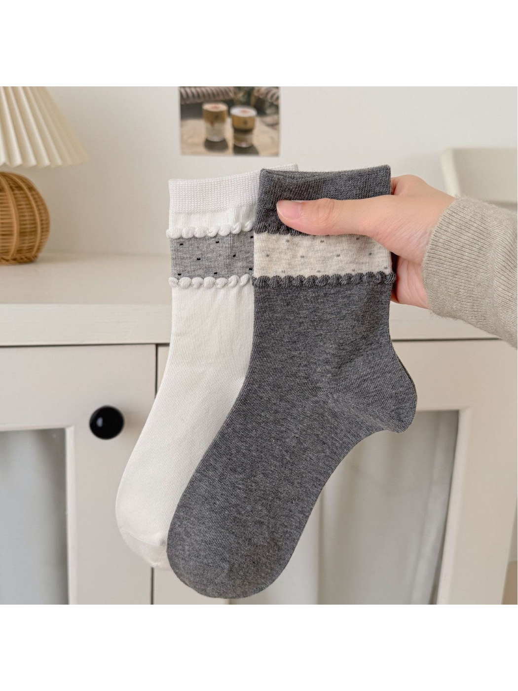 White and Dark Gray crew socks with contrasting dotted ankle bands