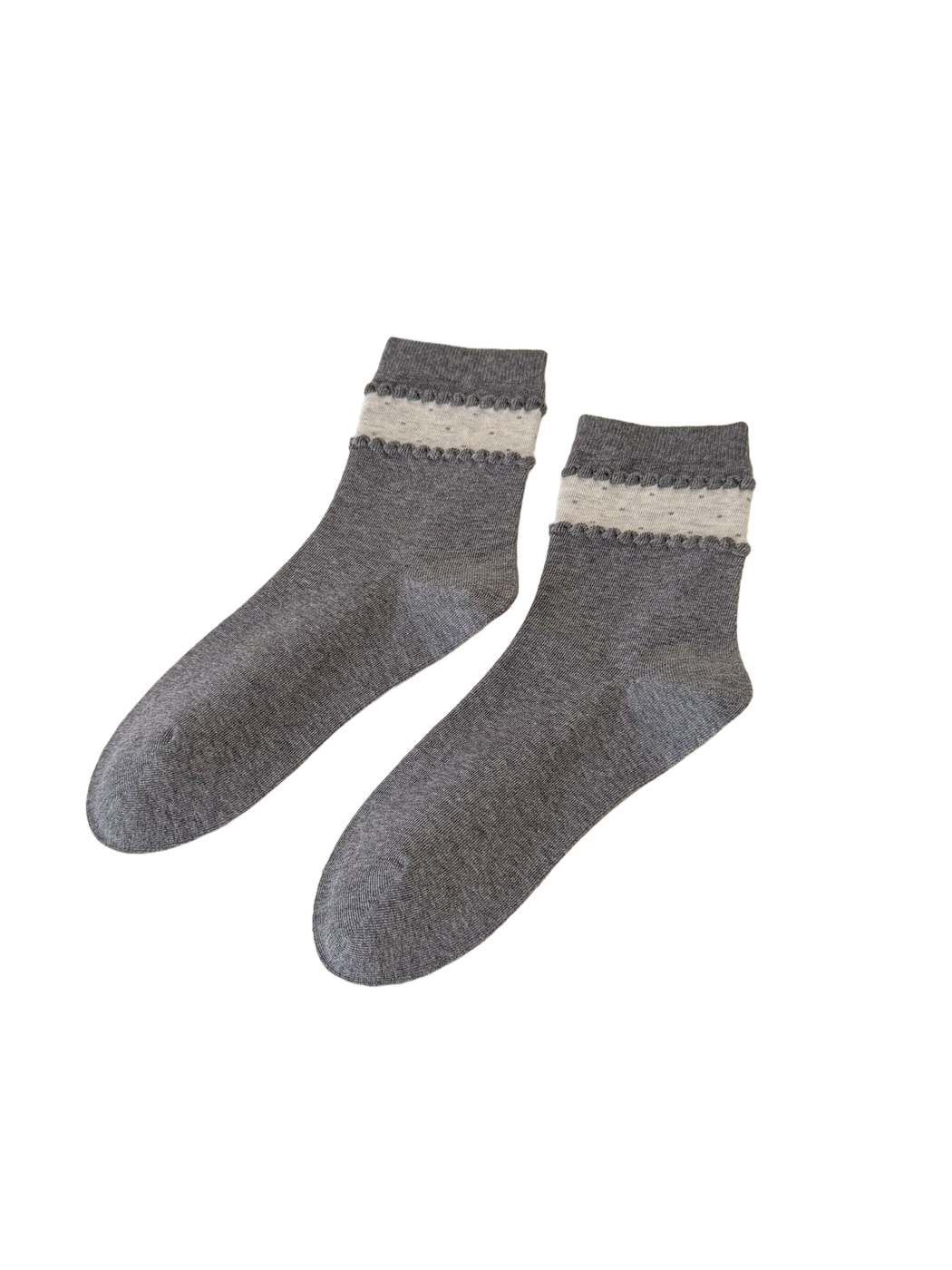 Dark Gray crew socks with a light dotted ankle band and raised trim