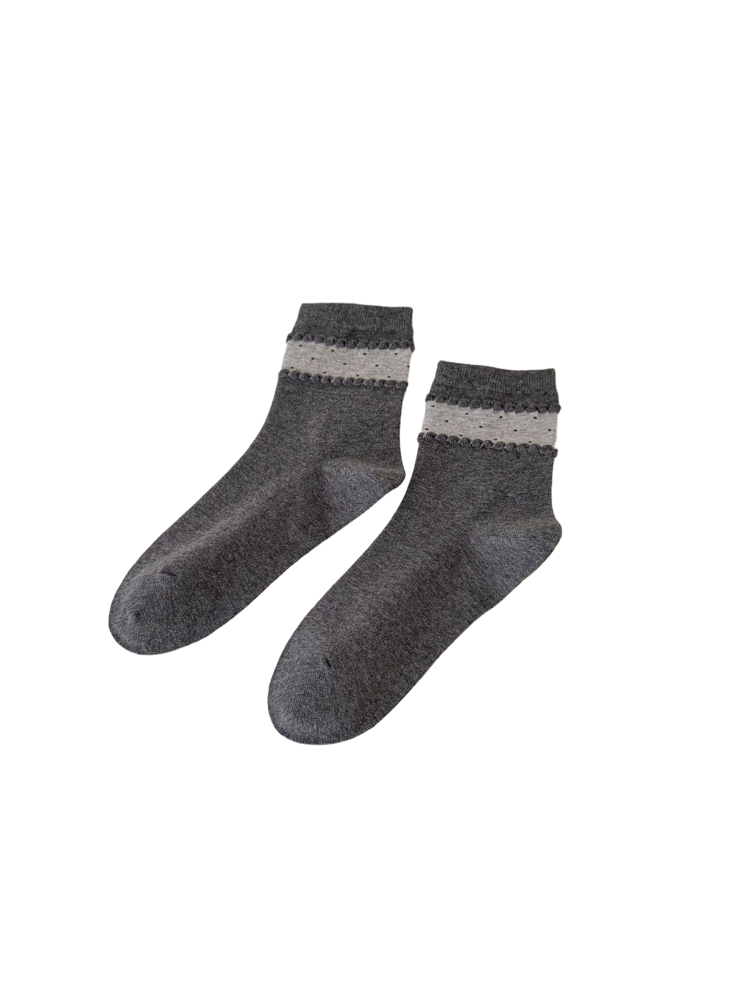Gray crew socks with a light dotted ankle band and raised trim