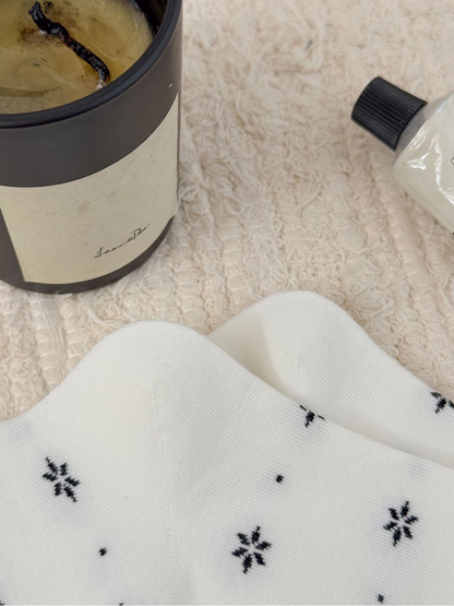 Close-up of the White floral sock pattern and smooth toe area