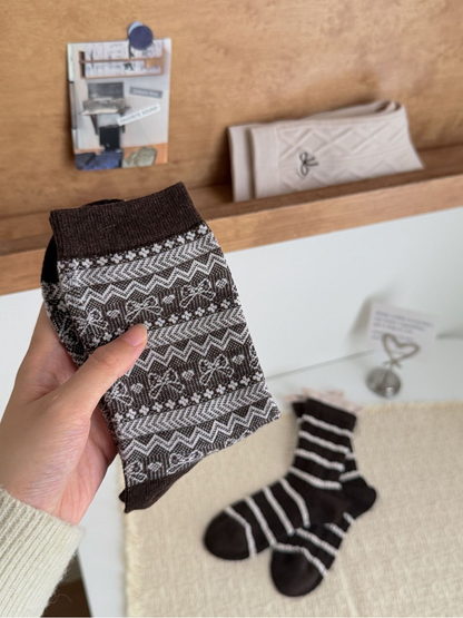 Close-up of the brown and ivory geometric sock pattern