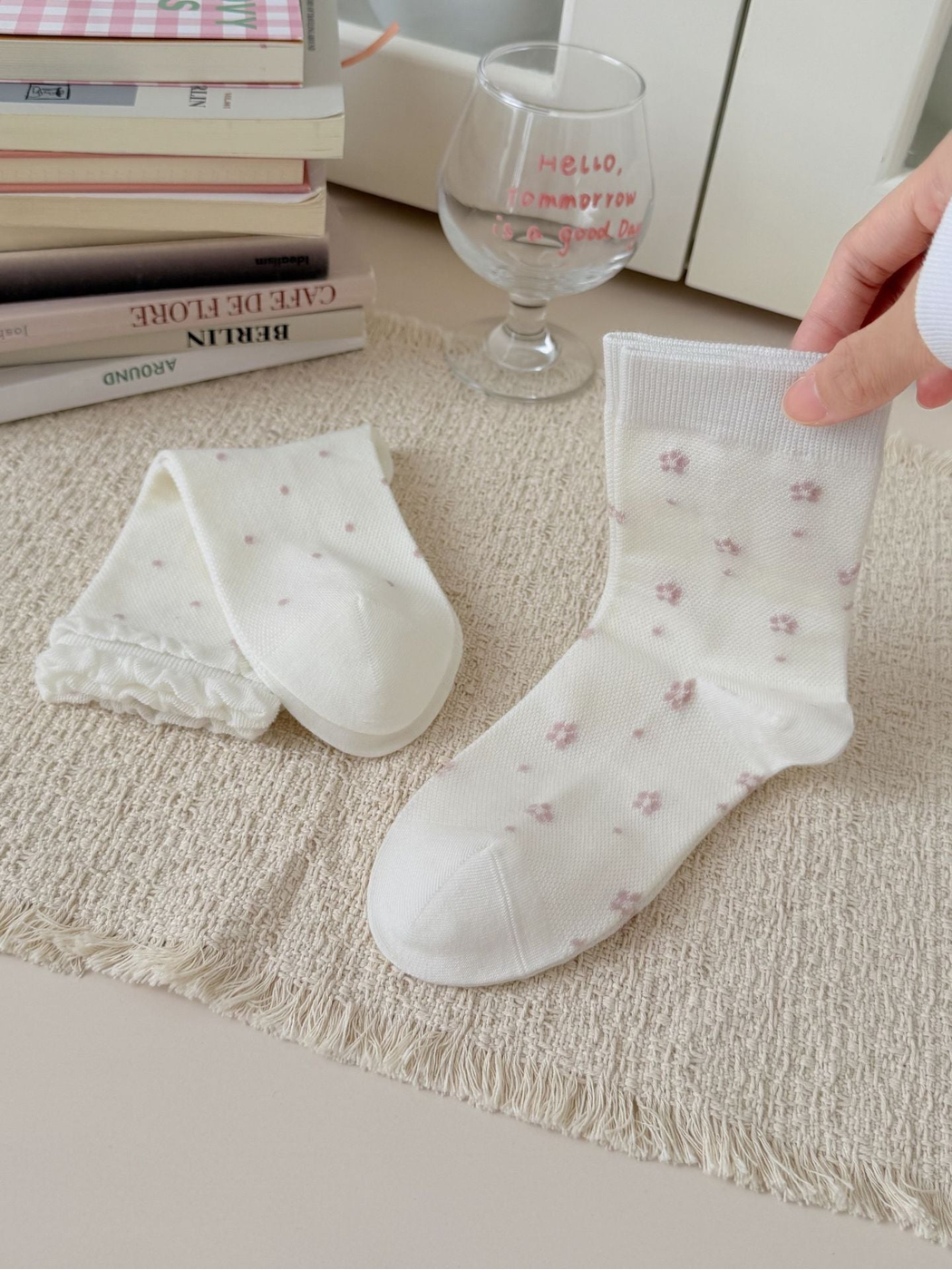 Ivory Floral crew sock with scattered pink flowers and a ribbed cuff