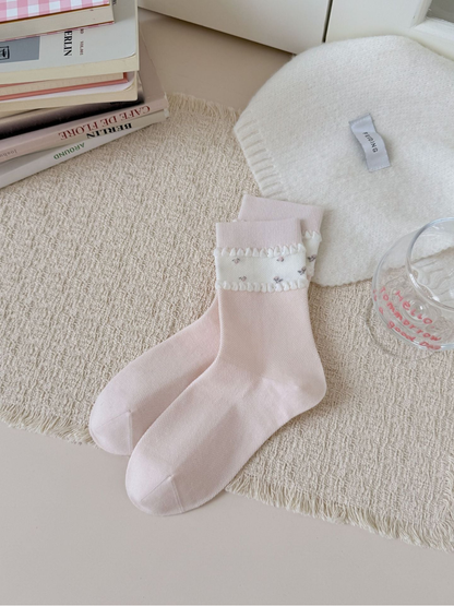 Pink Floral crew socks with small floral cuff panels and double ruffle trim