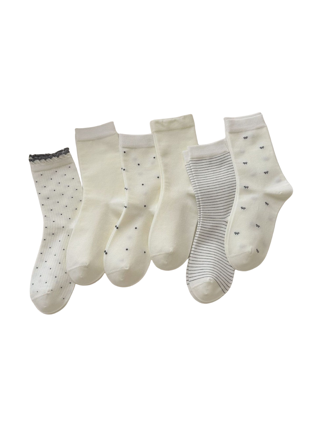 Five ivory crew sock styles displayed together, including dots, bows, solid and fine stripes