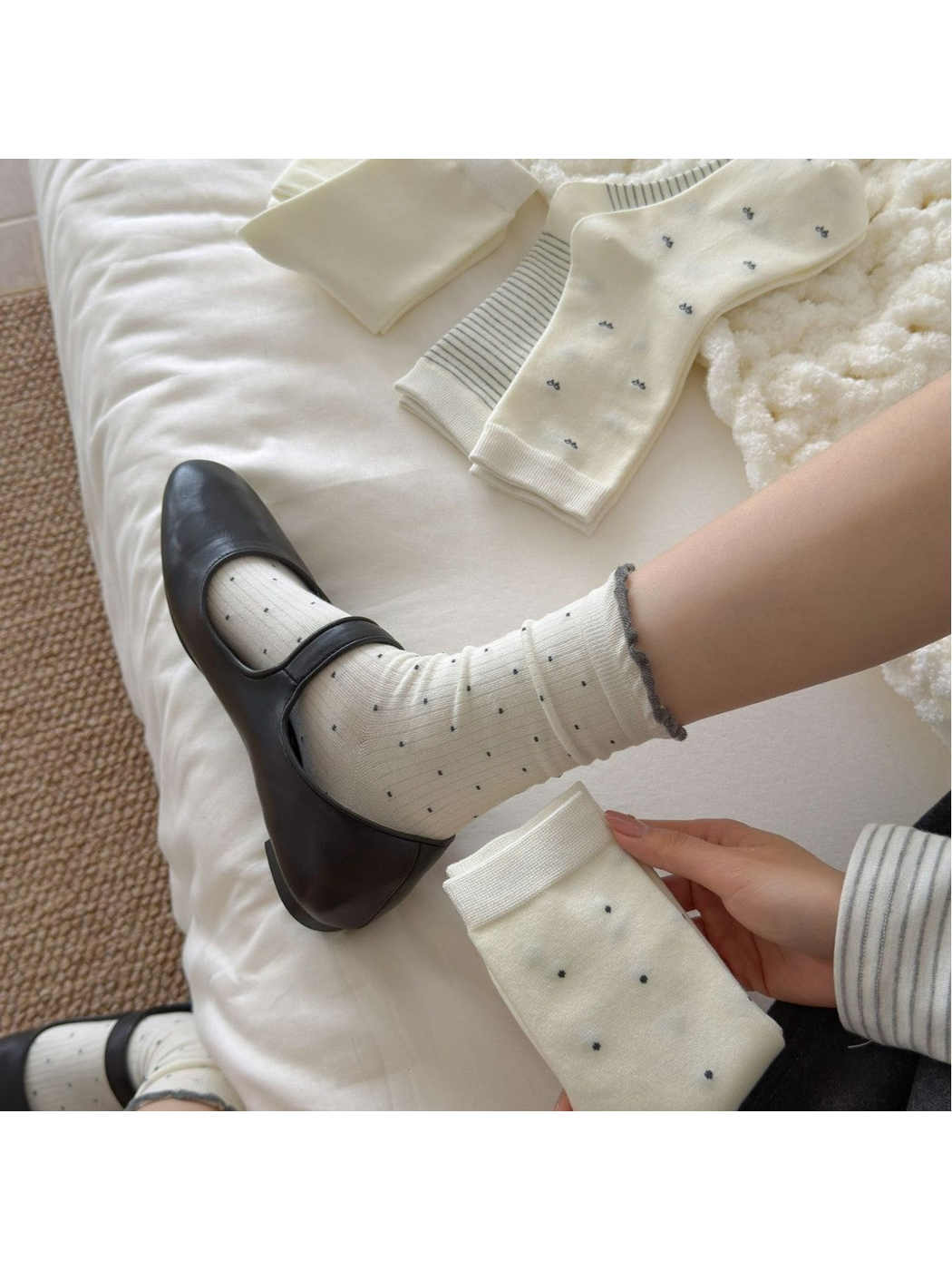 Ivory Ruffled Dots socks styled with black Mary Jane flats