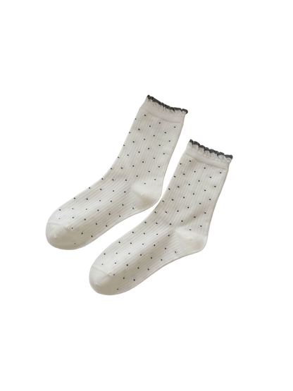 Ivory Ruffled Dots crew socks with contrasting ruffled cuffs