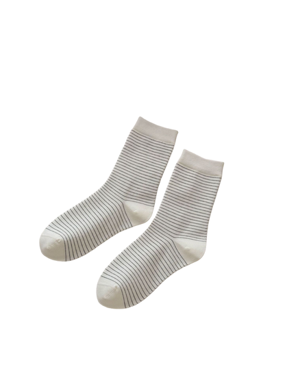 Ivory Fine Stripes crew socks with narrow gray horizontal lines
