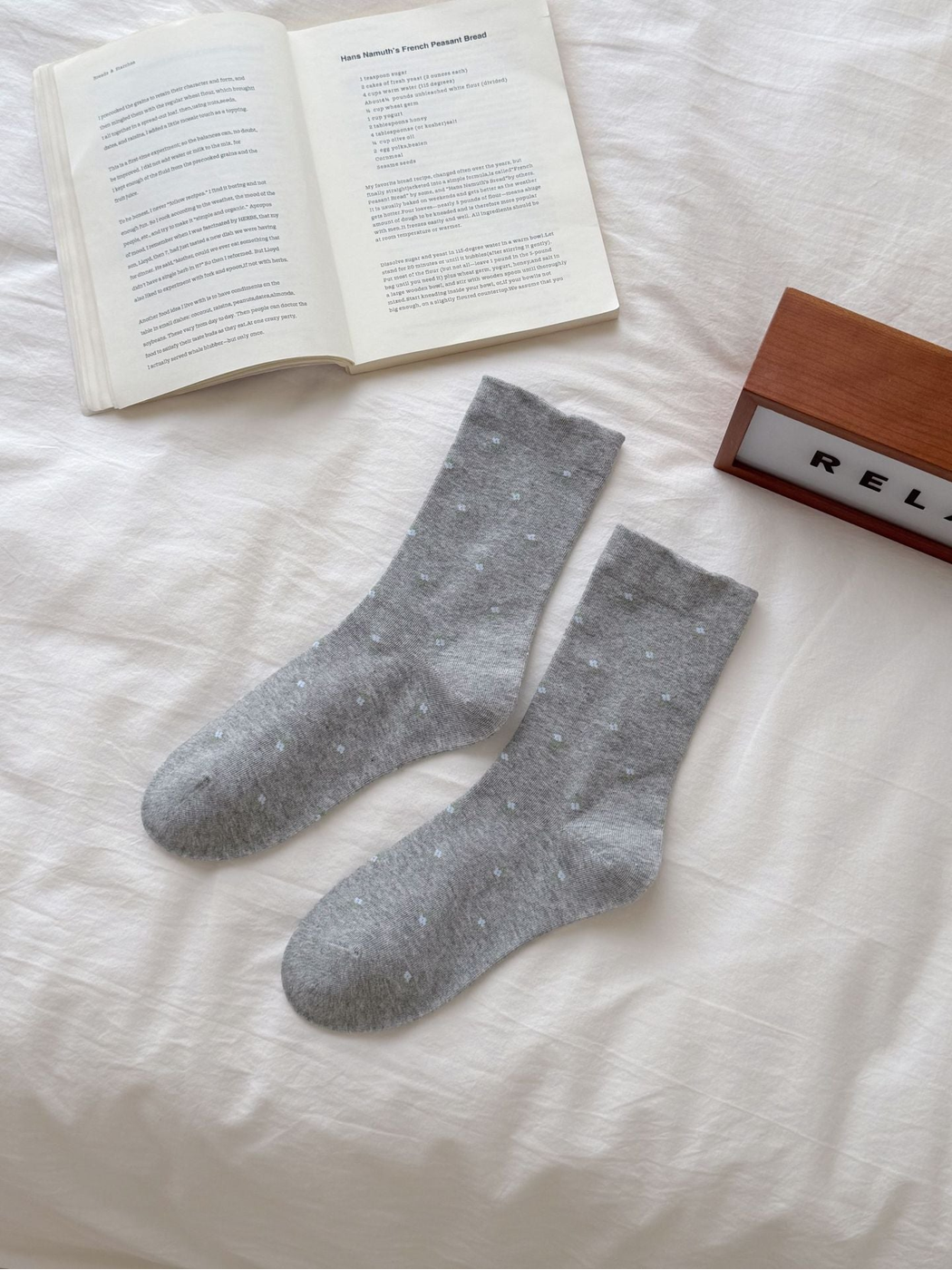 Light Gray crew socks with scattered pale blue floral sprigs