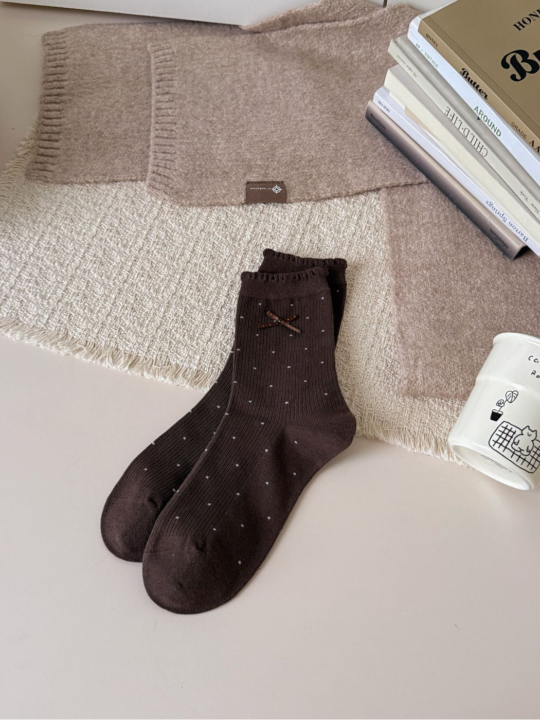 Dark Brown crew socks with light polka dots, ruffled cuffs and bow accents