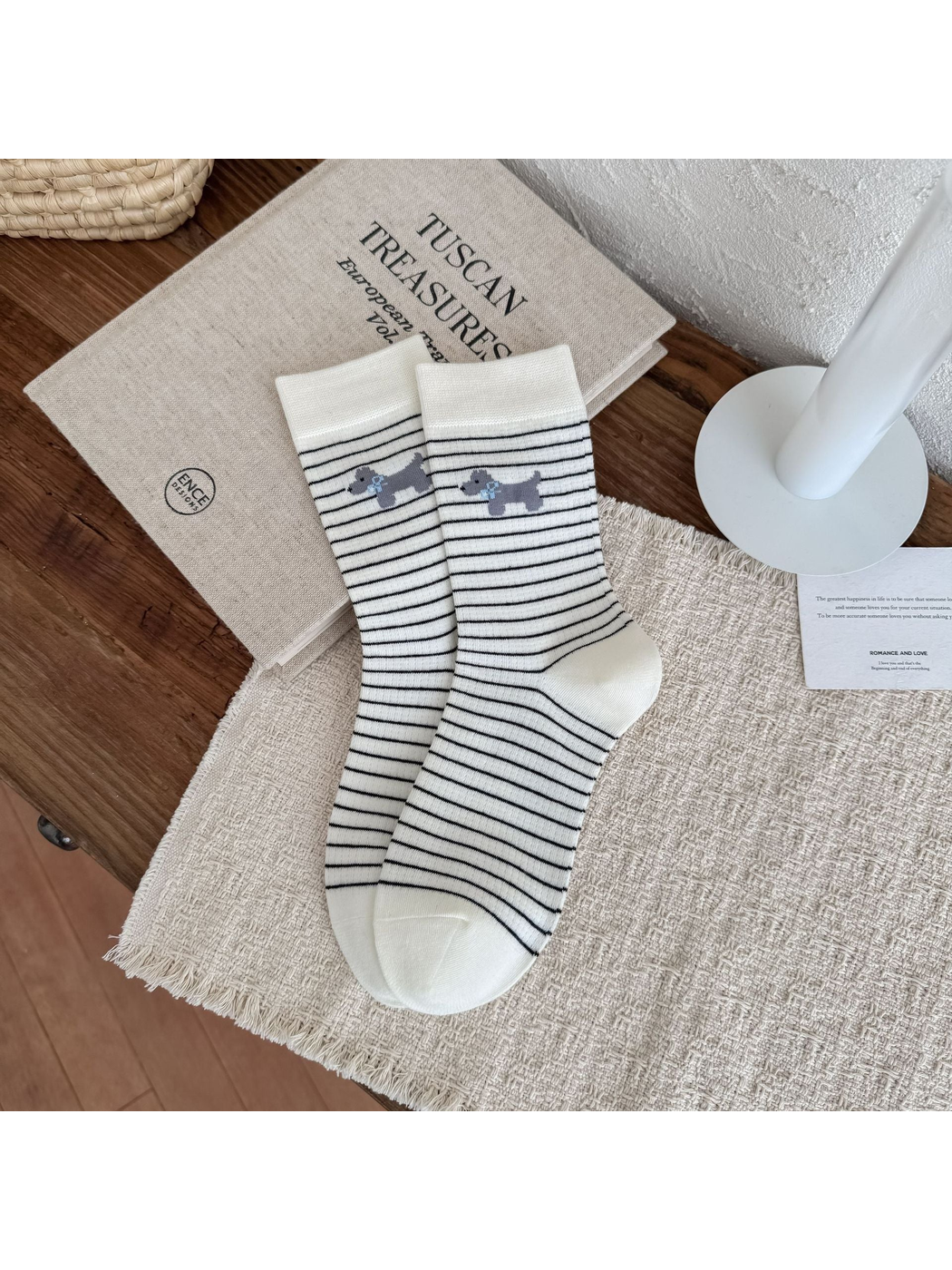 Ivory Striped crew socks with gray dog motifs