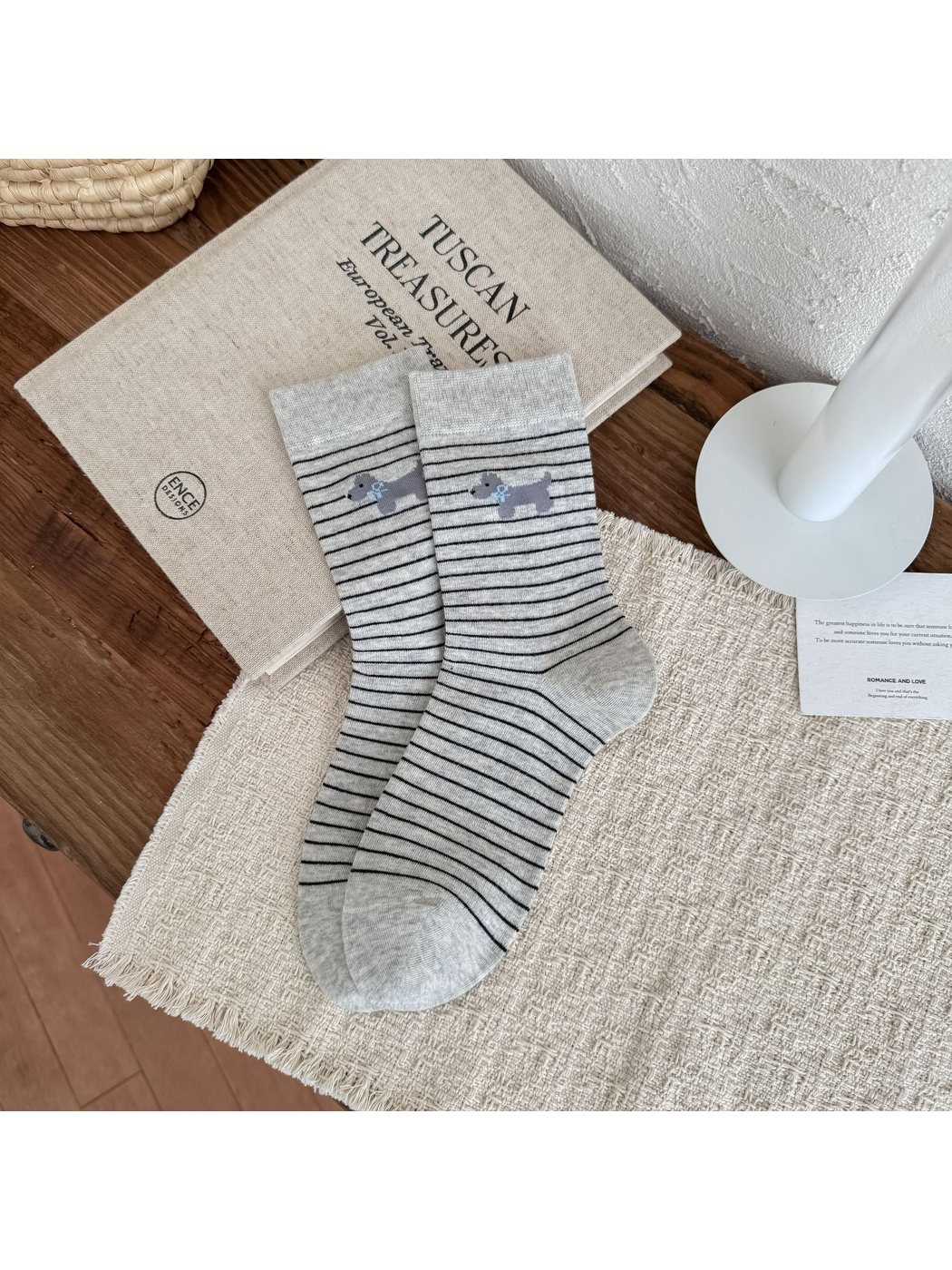 Gray Striped crew socks with gray dog motifs