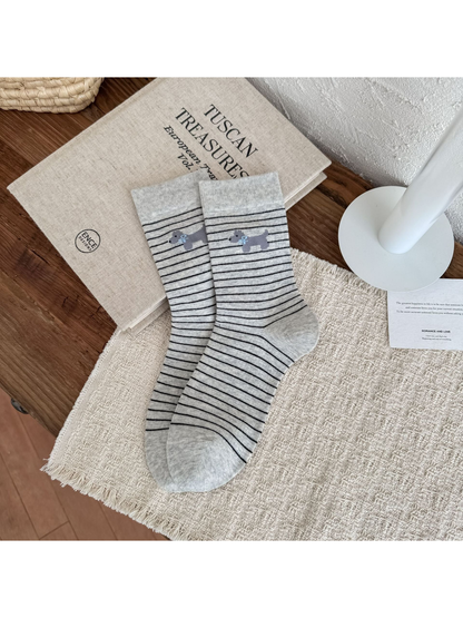 Gray Striped crew socks with gray dog motifs