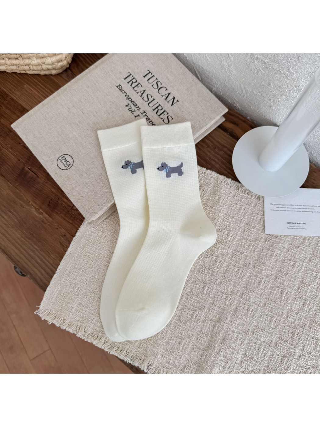 Ivory Plain crew socks with gray dog motifs