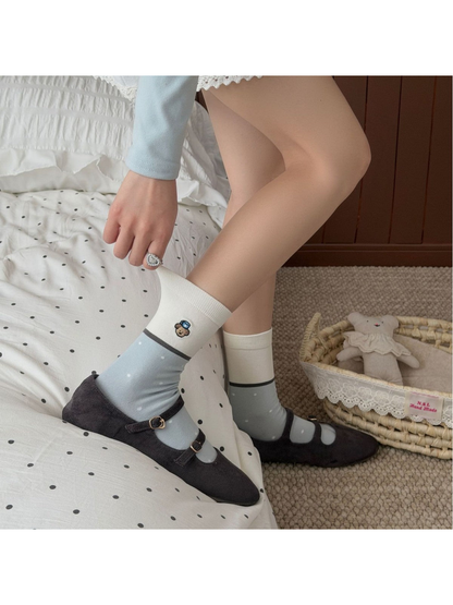 Bear Dots crew socks styled with gray Mary Jane shoes