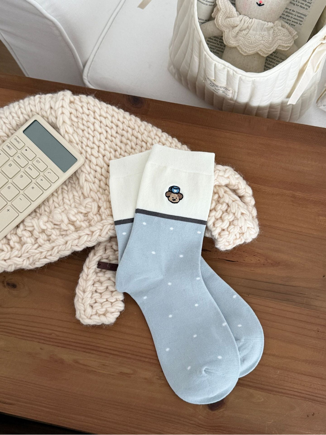 Bear Dots light blue crew socks with ivory upper section and embroidered bear motif