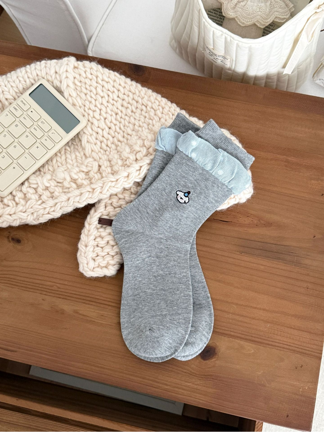 Ruffle Cuff heather gray crew socks with light blue dotted ruffle and embroidered motif