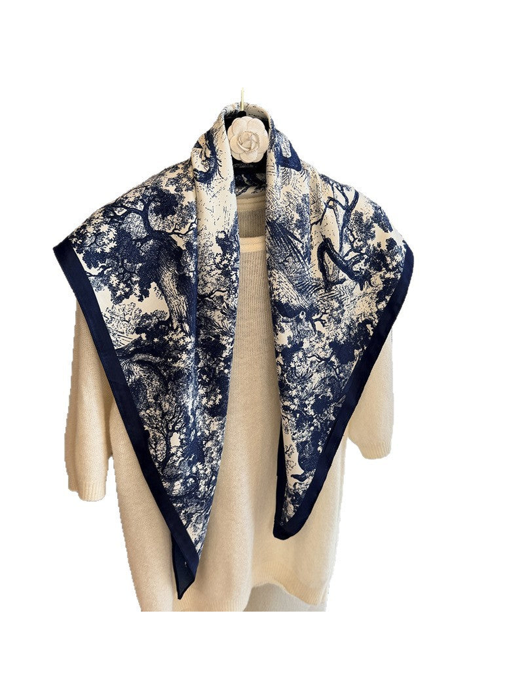 Navy and ivory triangle scarf with woodland landscape print and navy border