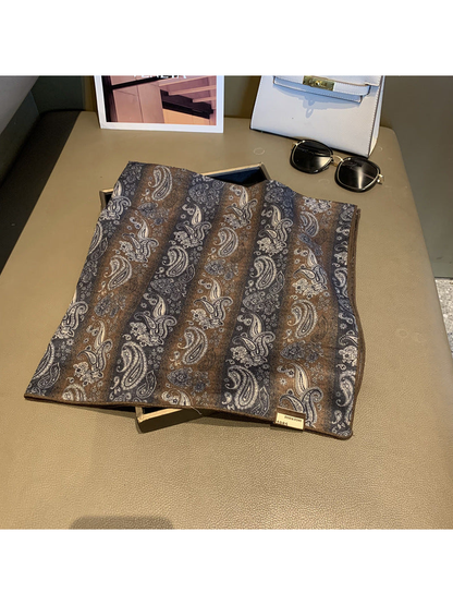 Brown, charcoal and cream square scarf with striped paisley pattern, full view