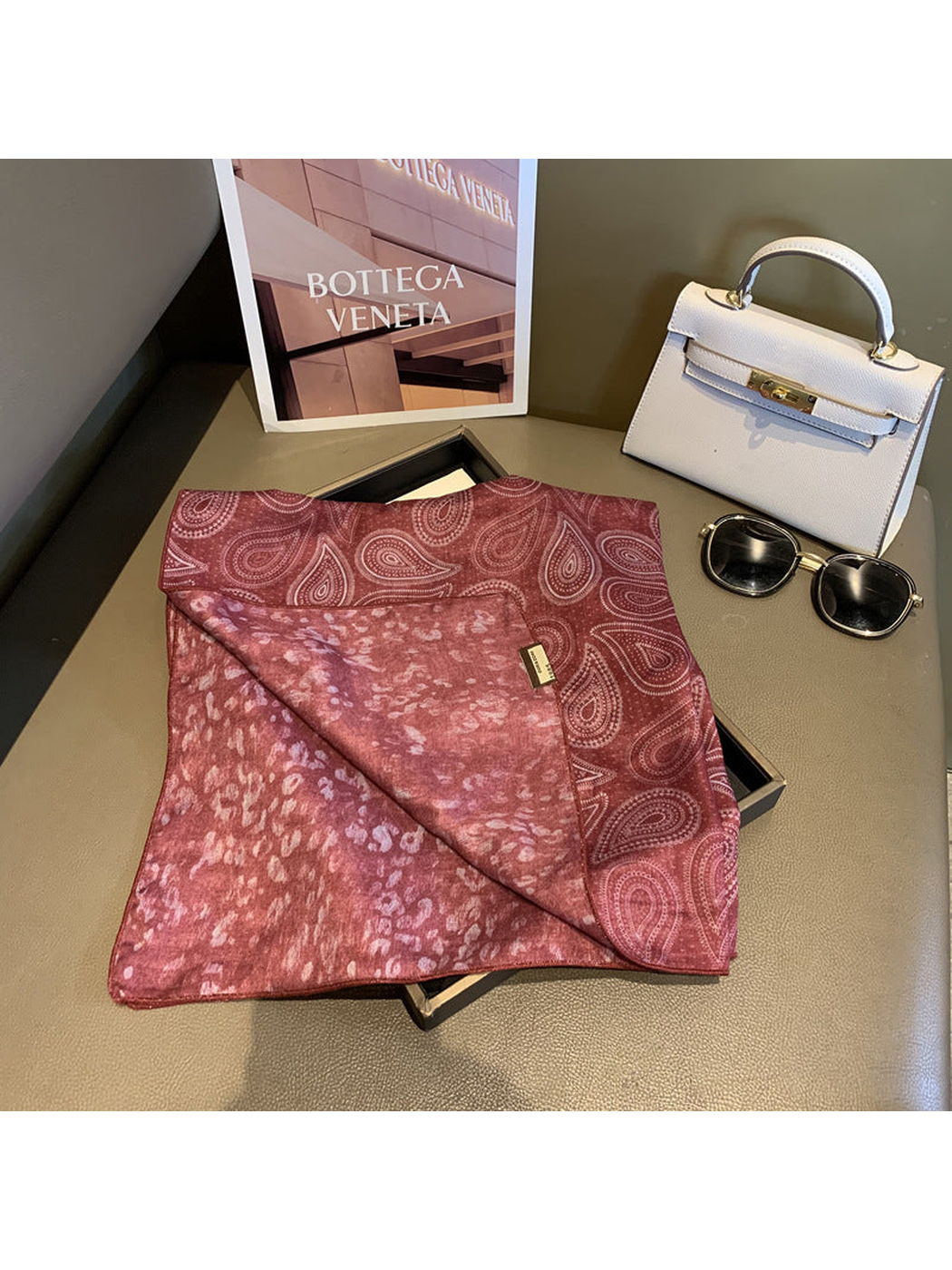 Burgundy square scarf with paisley front and mottled reverse