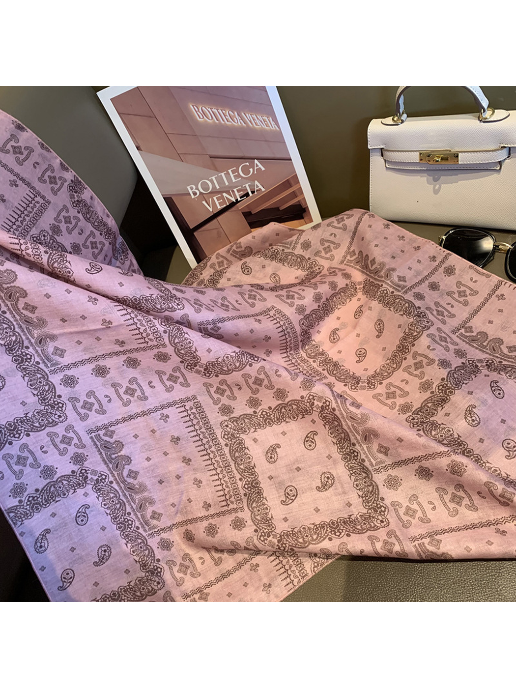 Close-up of the Light Pink scarf with framed paisley panels