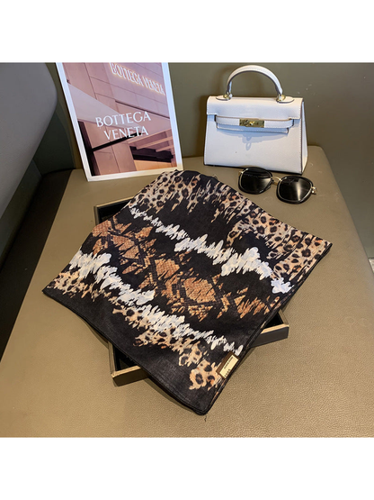 Square scarf with black, tan and cream mixed animal and abstract print
