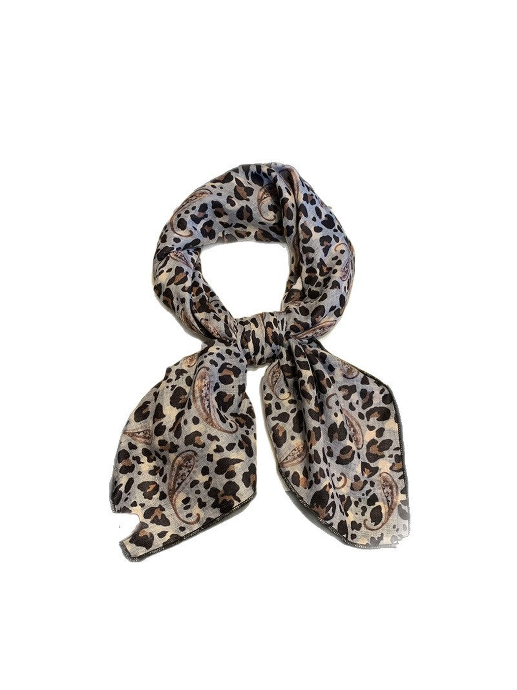 Gray leopard and paisley scarf tied against a white background