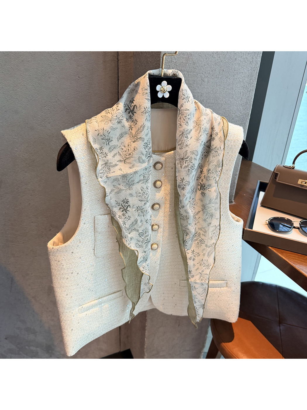 White Green botanical triangle scarf with wavy edging