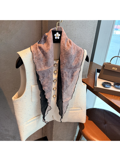 Pink Black botanical triangle scarf with dark contrast edging