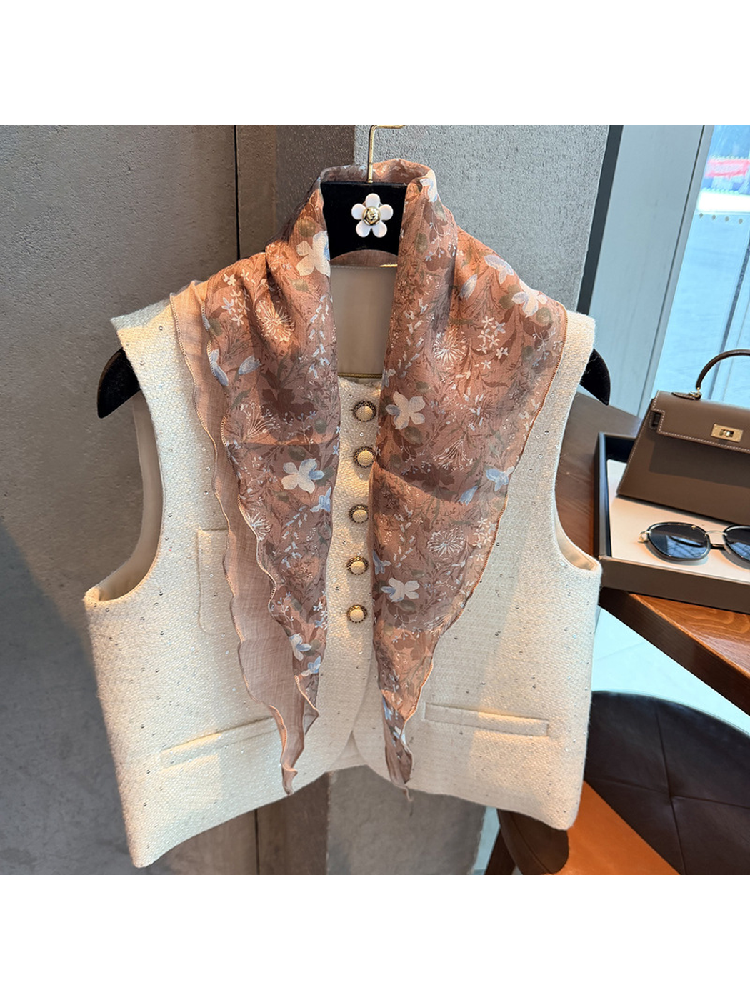 Pink floral triangle scarf with a semi-sheer appearance