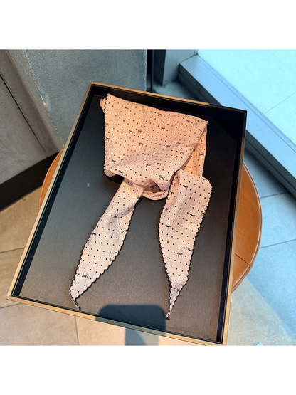 Blush Pink polka-dot triangle scarf with small bow motifs and scalloped edging