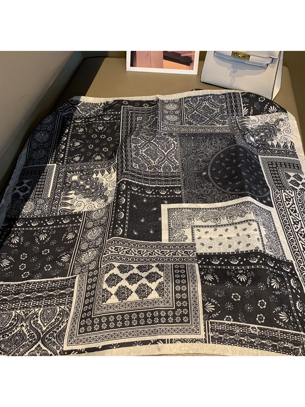 Navy and ivory patchwork paisley square scarf laid flat