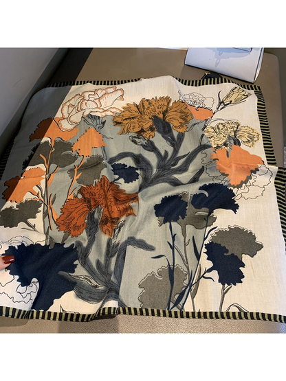 Cream square scarf with multicolor floral print and striped border