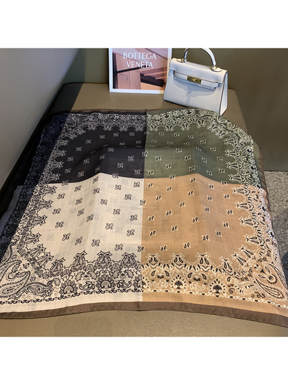 Multicolor square scarf with paisley border, fully opened view