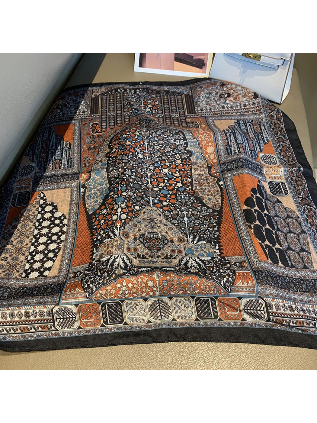 Multicolor square scarf with ornate floral, paisley and geometric patchwork print