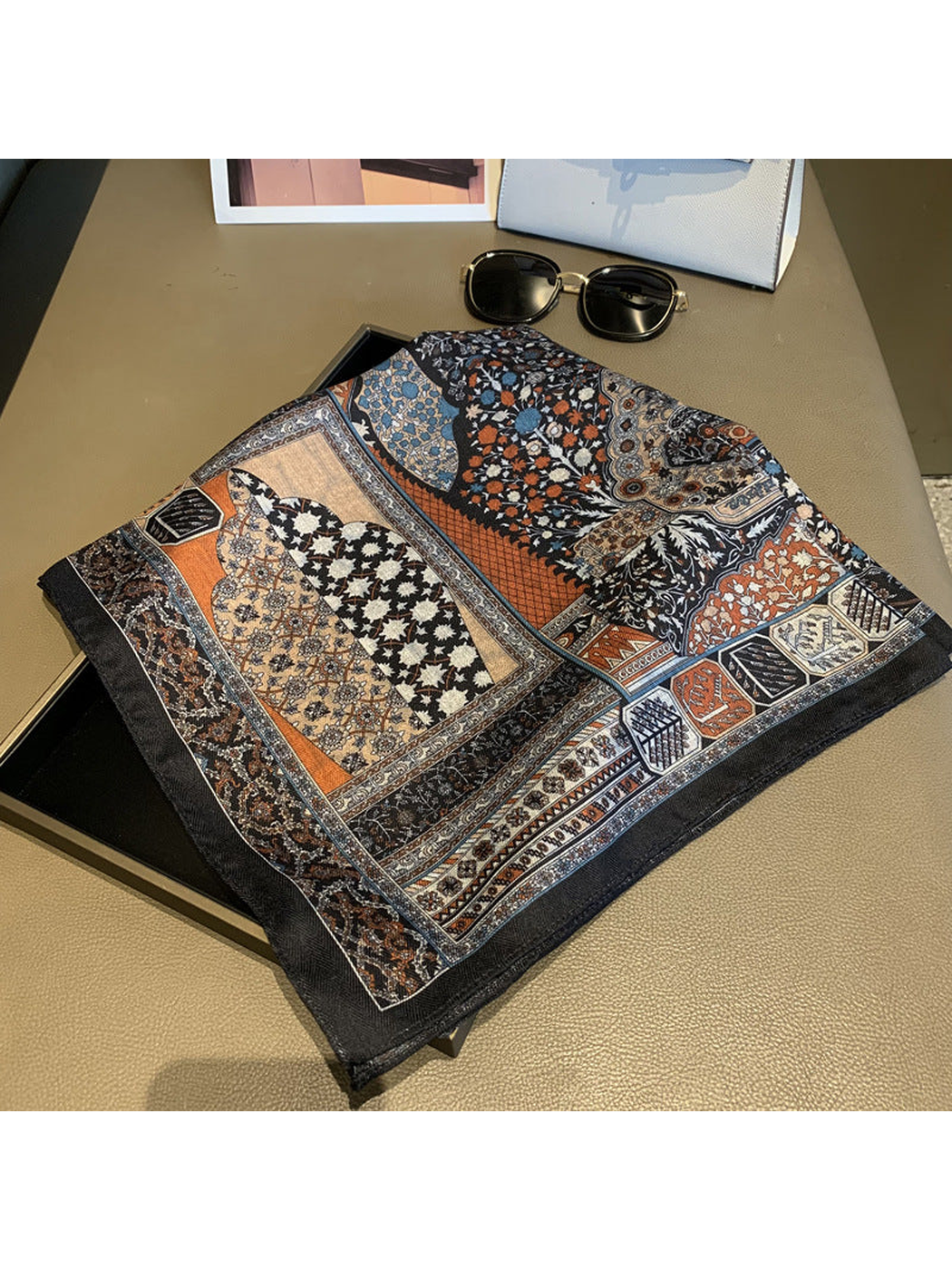 Multicolor patchwork-print square scarf folded diagonally