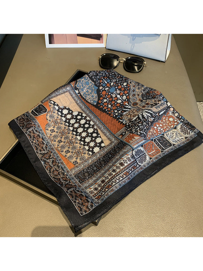 Multicolor patchwork-print square scarf folded diagonally