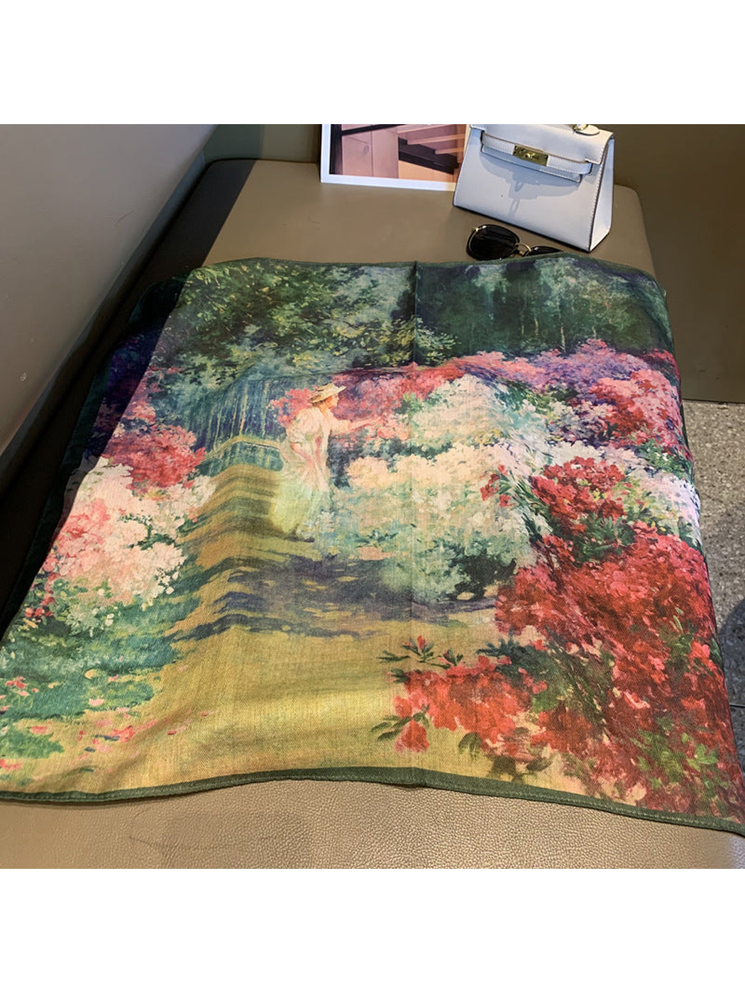 Multicolor square scarf with a painterly garden and floral print, full view