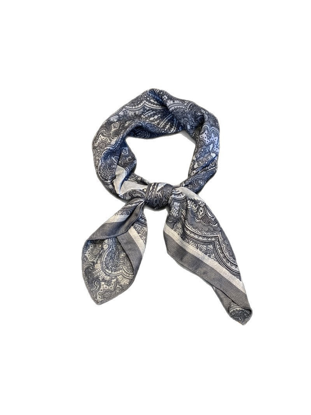 Gray-blue paisley square scarf tied against a white background