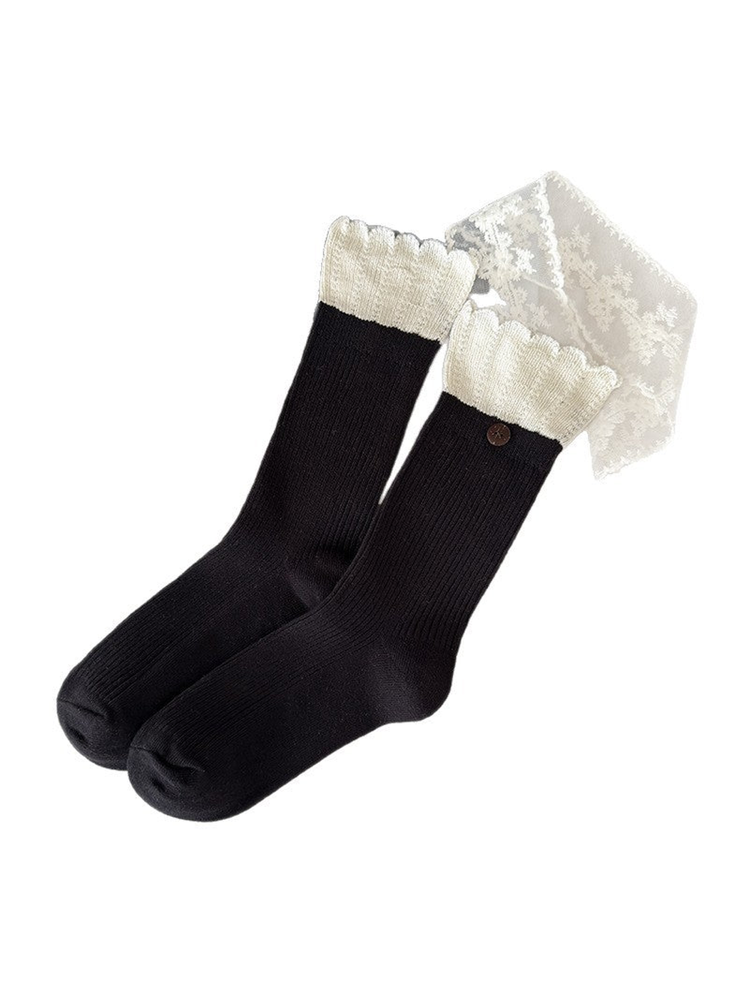 Black ribbed crew socks with ivory ruffled cuffs and button accents