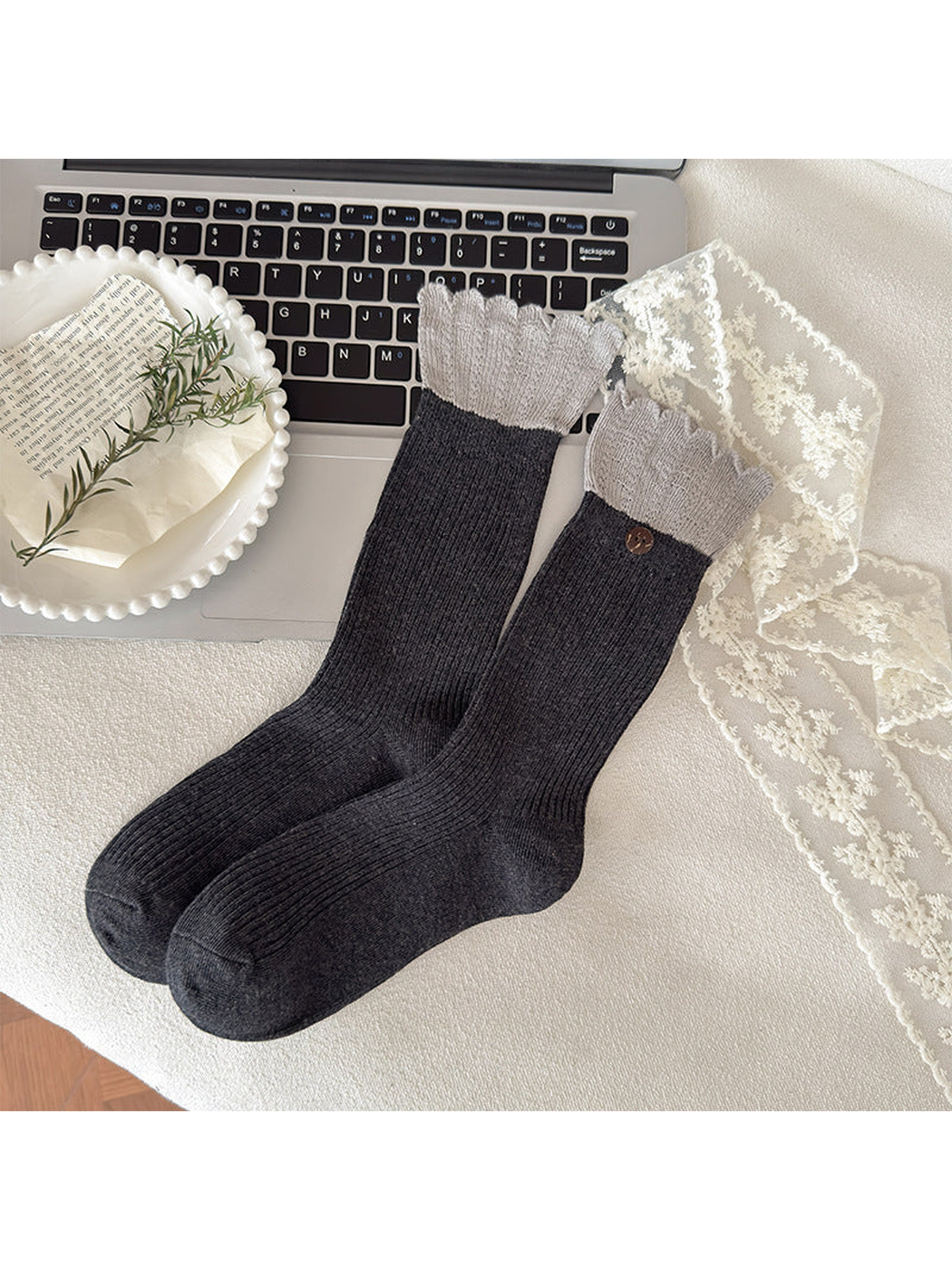Dark Gray ribbed crew socks with light gray ruffled cuffs and button accent