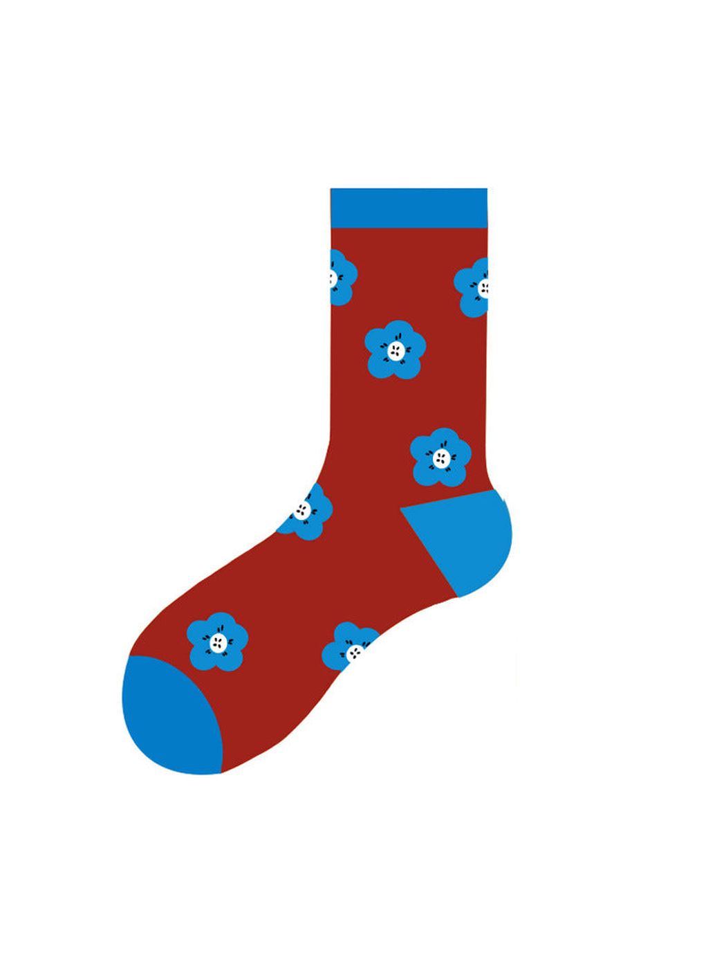 Blue Flowers red crew sock with blue cuff, heel and toe
