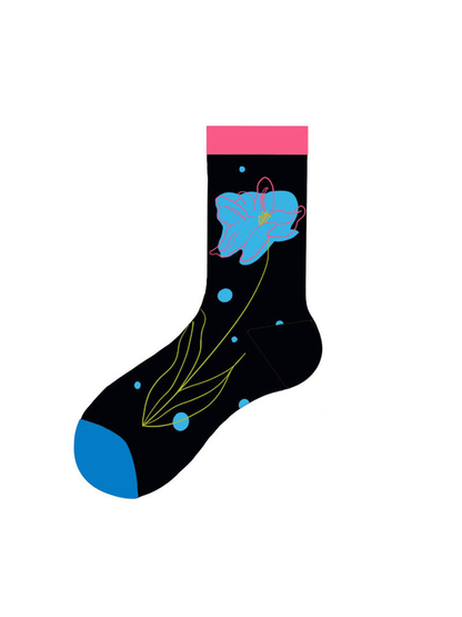 Single Flower black crew sock with blue floral stem and pink cuff