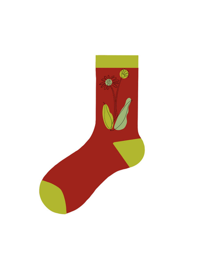 Two Flowers red crew sock with green cuff, heel and toe